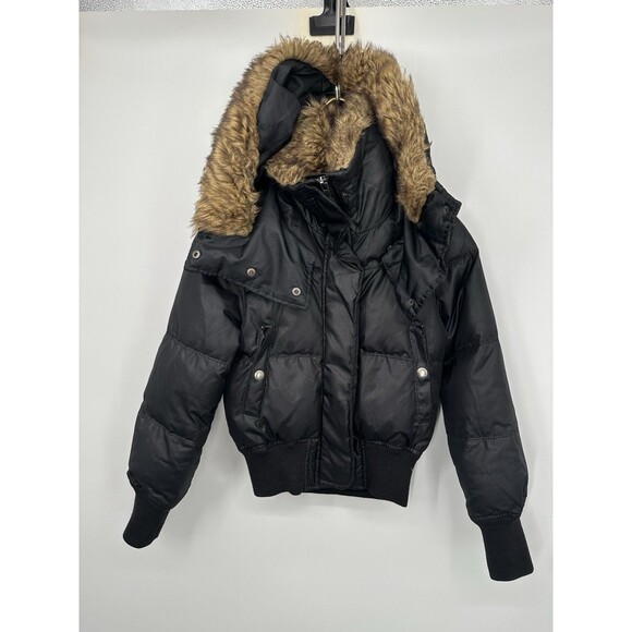 Y2K jacket zip Fur Hood Puffer Jacket XS Crop Bomber Black Down Express - Picture 1 of 14